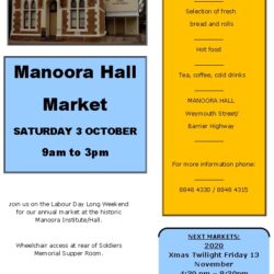 Manoora Hall Market – Saturday 3rd Oct 2020