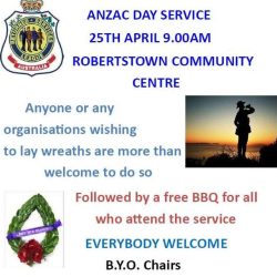 Robertstown ANZAC Morning Service – 9am Start On 25th April 2024 – All Welcome