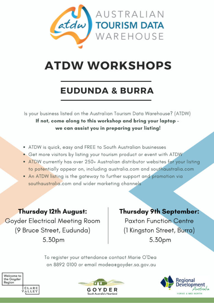 ATDW Workshops Eudunda 12th Aug & Burra 9th Sep