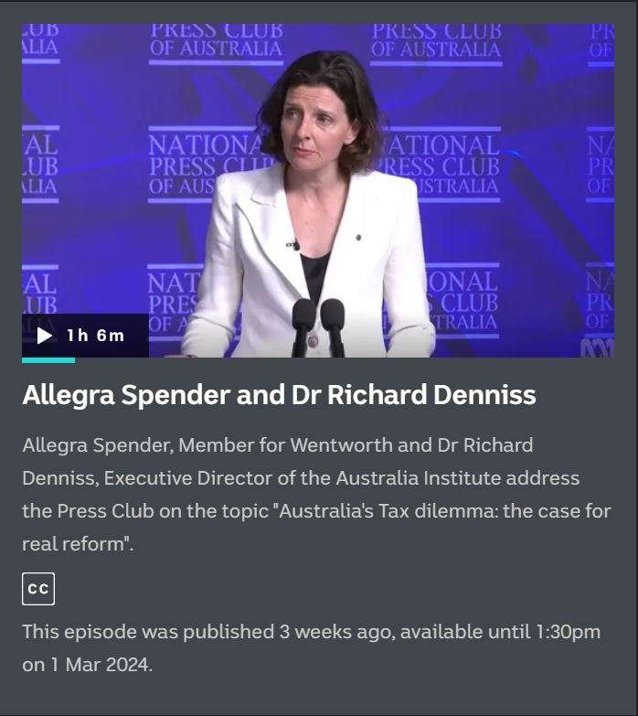 Allegra Spender and Dr Richard Denniss Speak at National Press Club