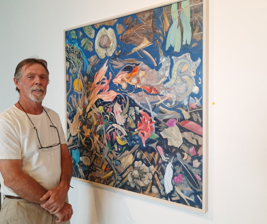 Artist Peter McLachlan with “My Back Yard” at the Casting Shadows exhibition - Goolwa