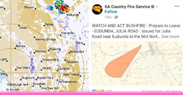 (L) BOM Radar Showing Storm Approaching Eudunda (R) CFS Alert showing Area Affected Close to Eudunda