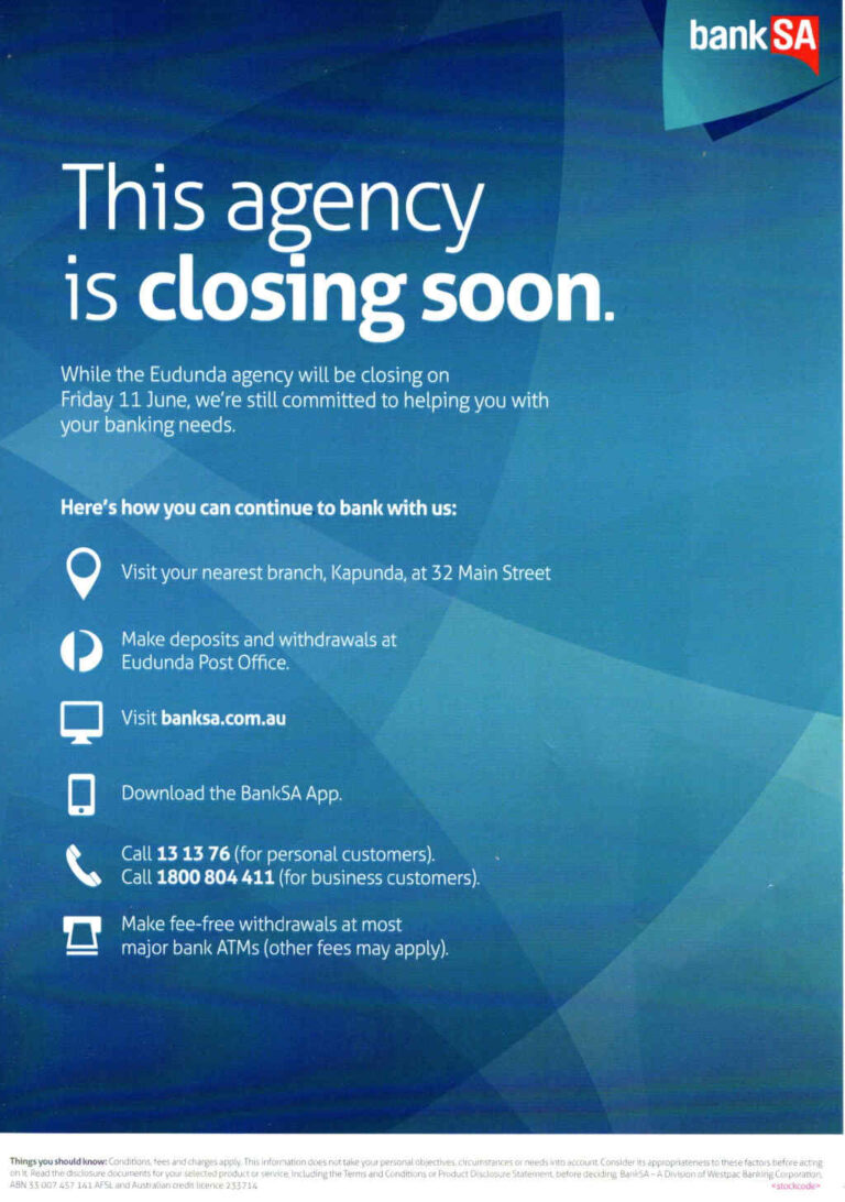 BankSA Eudunda Agency to Close 11th June 2021