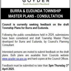 Burra & Eudunda Township Master Plans –   Consultation – Comments Close 3rd April 2025
