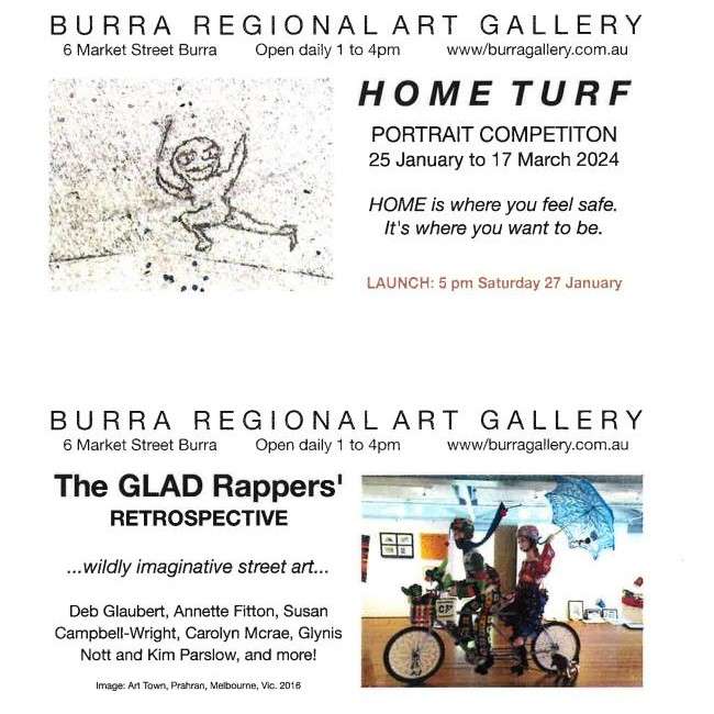 Burra Regional Art Gallery - Home Turf & The GLAD Rappers Retrospective 25 Jan to 17 March 2024