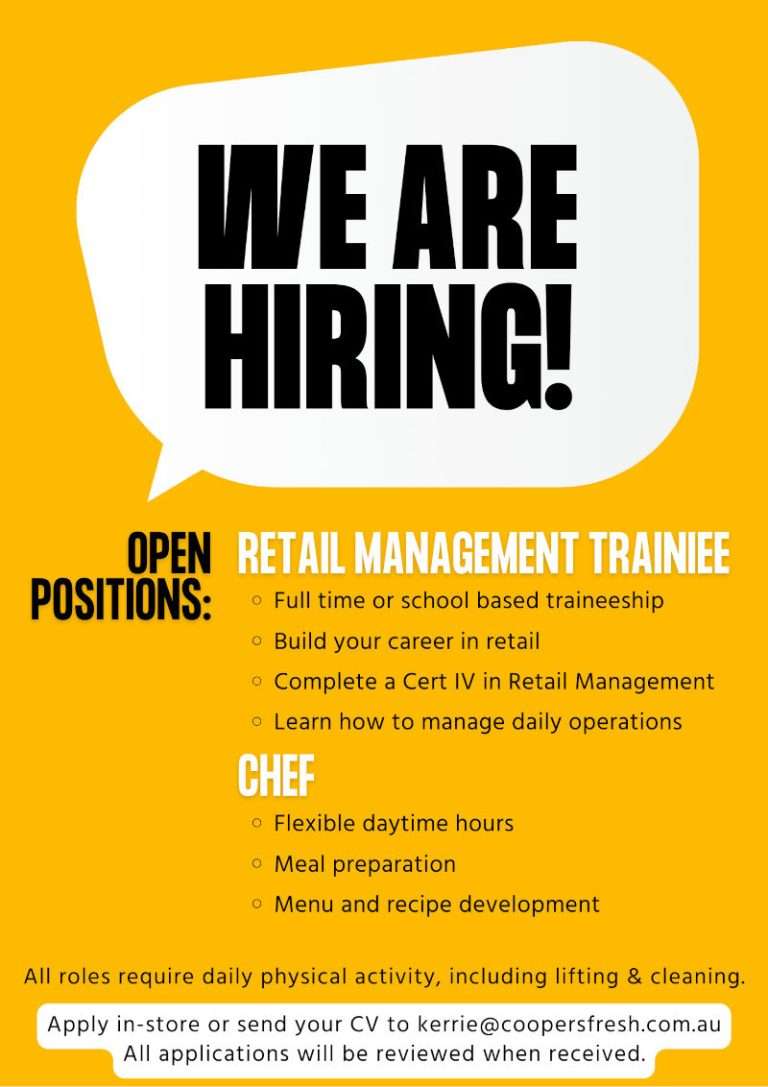 Coopersfresh Hiring Chef & Retail Traineeship Aug 2024