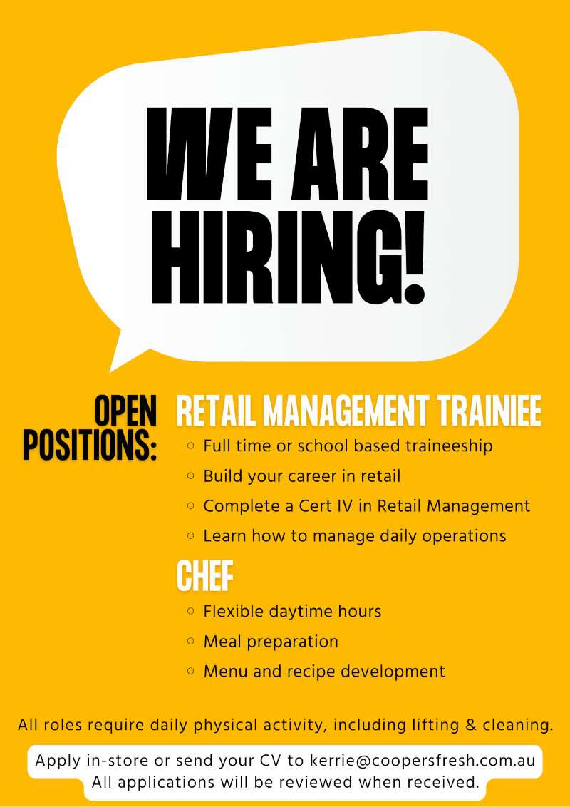 Coopersfresh Hiring Chef & Retail Traineeship Aug 2024