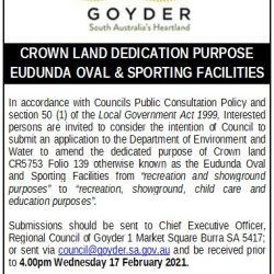 Crown Land Dedication Purpose – Eudunda Oval & Sporting Facilities – Council Notice