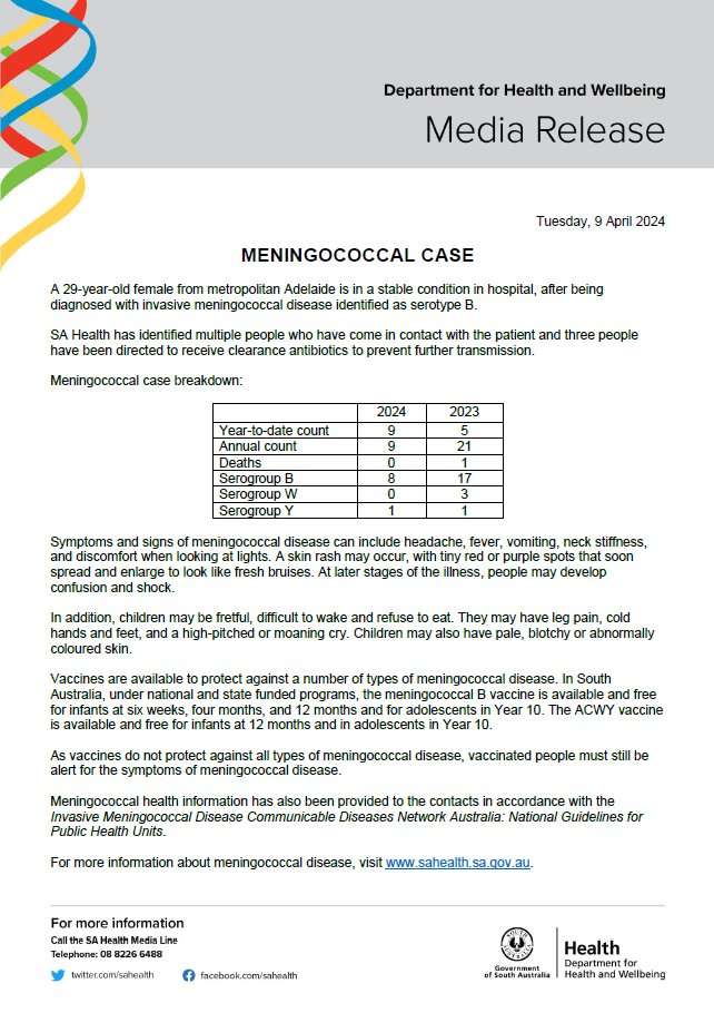 Department of Health & Wellbeing - Meningococcal Case - 9th April 2024