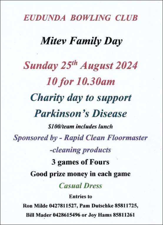 Eudunda Bowling Club Mitev Family Day Tournament. Sunday August 25th 2024