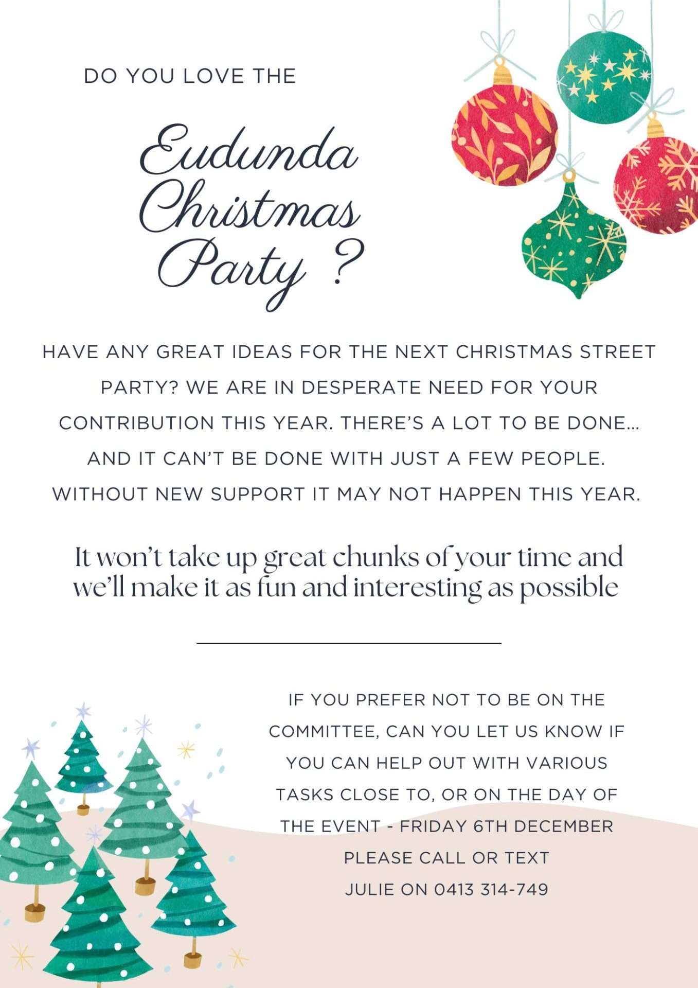 Eudunda Christmas Street Party Committee Are Looking For Helpers for 6th Dec 2024