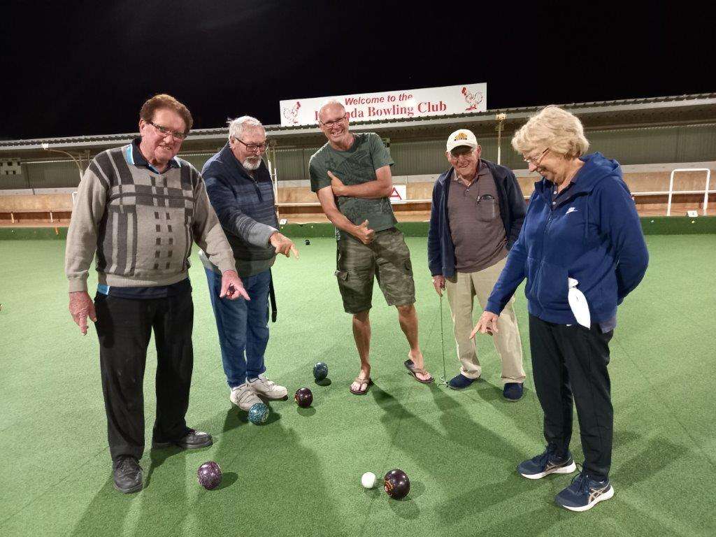 Eudunda Night Bowls, Enjoying some fun - Trevor Prior, Greg Prior, Rob Cavanagh, Murray Sauer, Wendy Schmidt