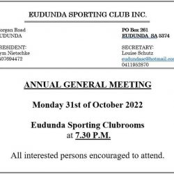 Eudunda Sporting Club Inc – AGM 31st Oct 2022