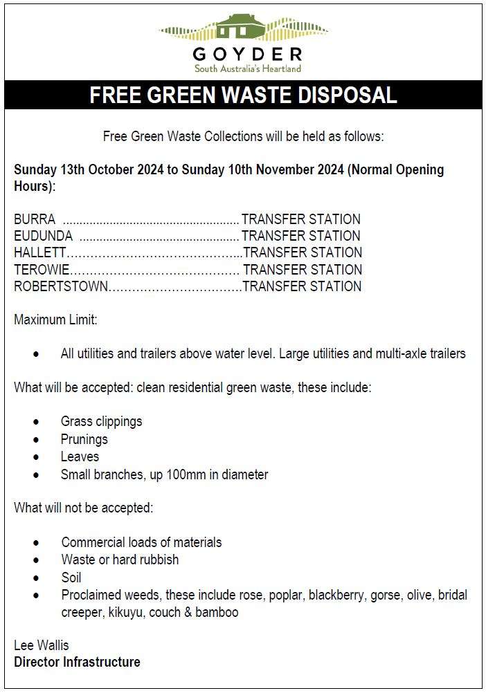 Free Green Waster - Eudunda & Robertstown 13th Oct to 10th Nov 2024