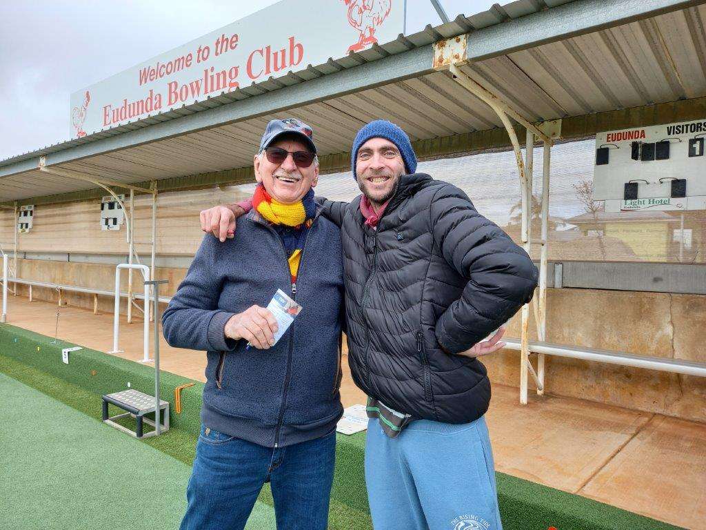 Friendly rivalry at the Eudunda Friday Social Bowls Des Schiller (Tanunda) and Aaron Jones (Eudunda)