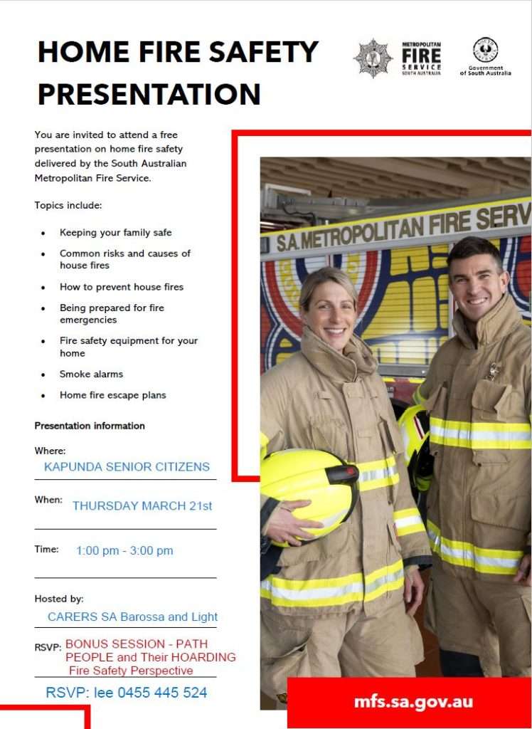 Home Fire Safety Presentation by Carers SA Barossa & Light - 21st Mar 2024