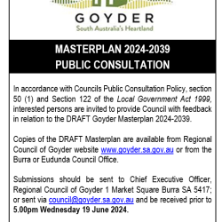 ‘Goyder Master Plan 2024 to 2039’ Public Consultation Closing Wed 19th June 2024