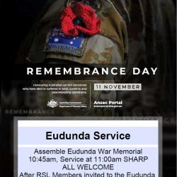 Remembrance Day This Coming Monday 11th Nov 2024 – Eudunda War Memorial Gardens – All Wecome